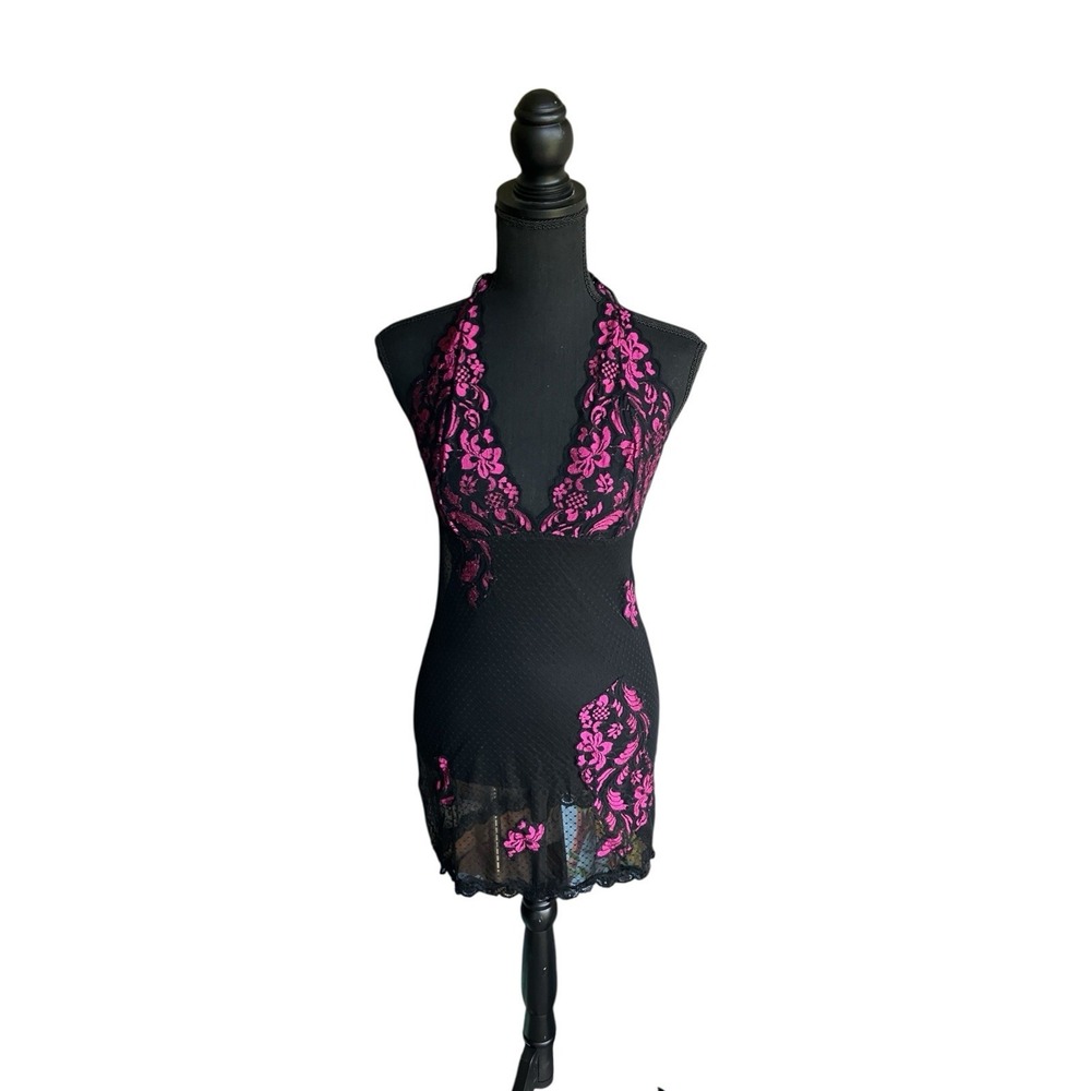 Vtg Y2K Fredericks Vampy Mall Goth Black Pink Lace Sheer Halter Chemise Dress L
